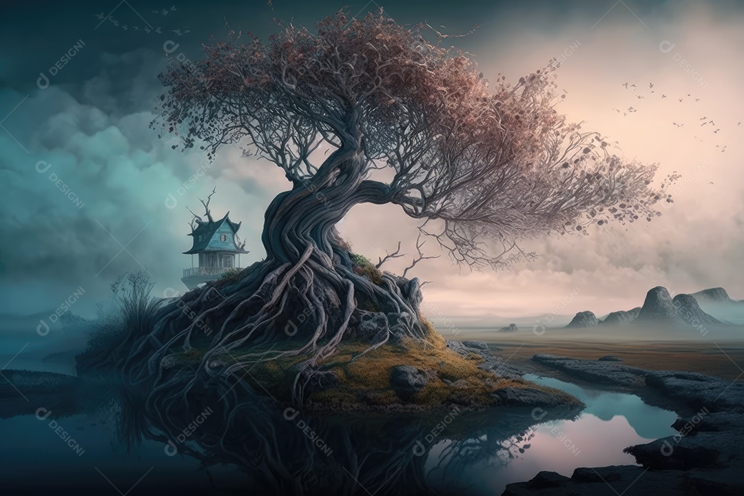 Fantástica árvore de conto de fadas em estilo fantasia e magia em um lugar encantado com rio e névoa. Pintura digital