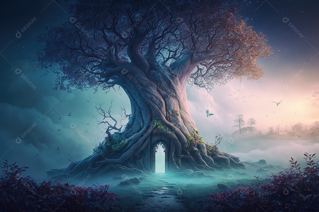 Fantástica árvore de conto de fadas em estilo fantasia e magia em um lugar encantado com rio e névoa. Pintura digital