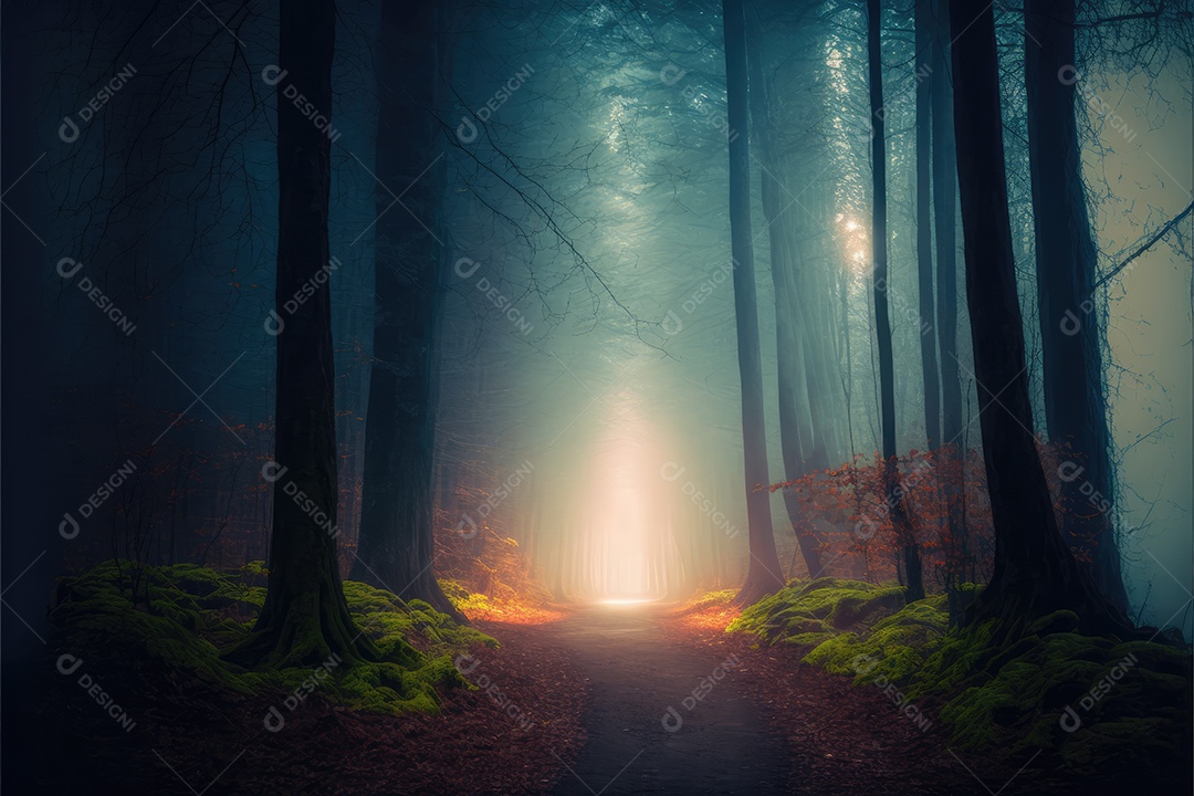 Bela floresta densa com um caminho central e grandes árvores com troncos longos e folhas alaranjadas. Pintura digital