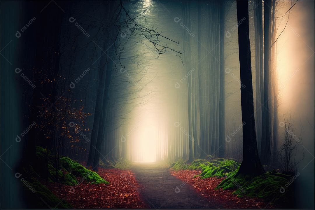 Bela floresta densa com um caminho central e grandes árvores com troncos longos e folhas alaranjadas. Pintura digital