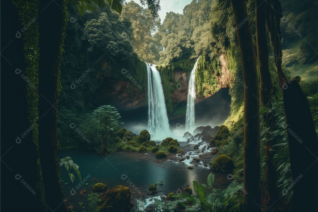 Linda floresta tropical encantada com grandes árvores, cachoeiras e muita vegetação. pintura digital de fundo