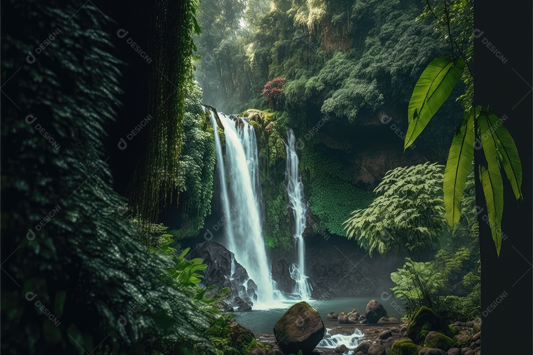 Linda floresta tropical encantada com grandes árvores, cachoeiras e muita vegetação. pintura digital de fundo