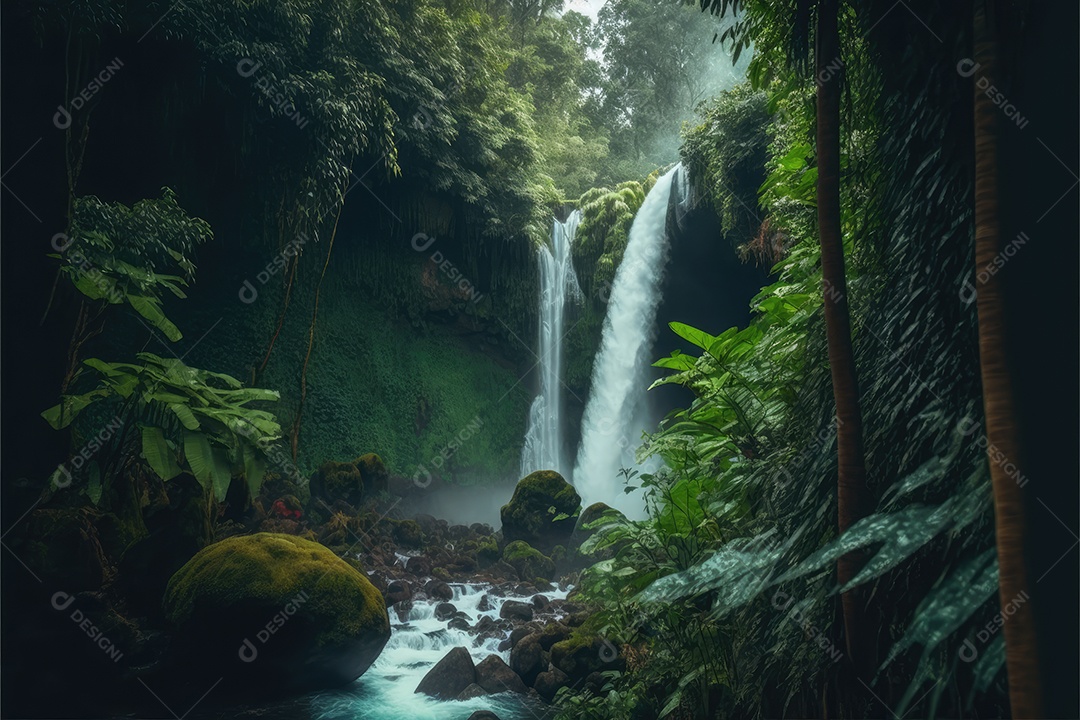 Linda floresta tropical encantada com grandes árvores, cachoeiras e muita vegetação. pintura digital de fundo