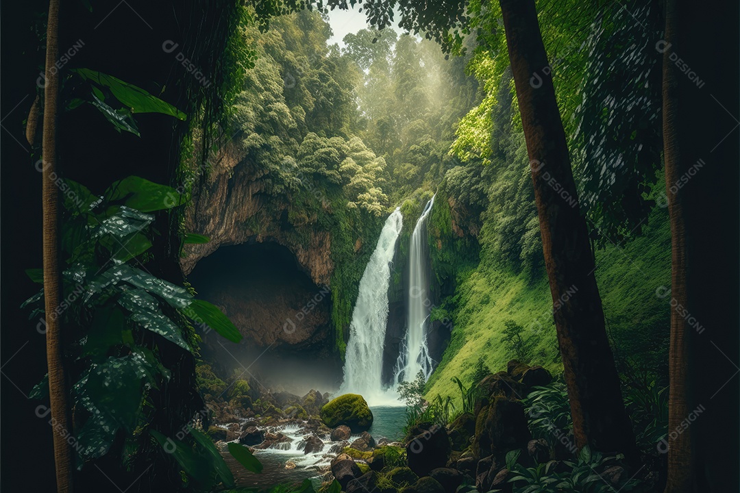 Linda floresta tropical encantada com grandes árvores, cachoeiras e muita vegetação. pintura digital de fundo