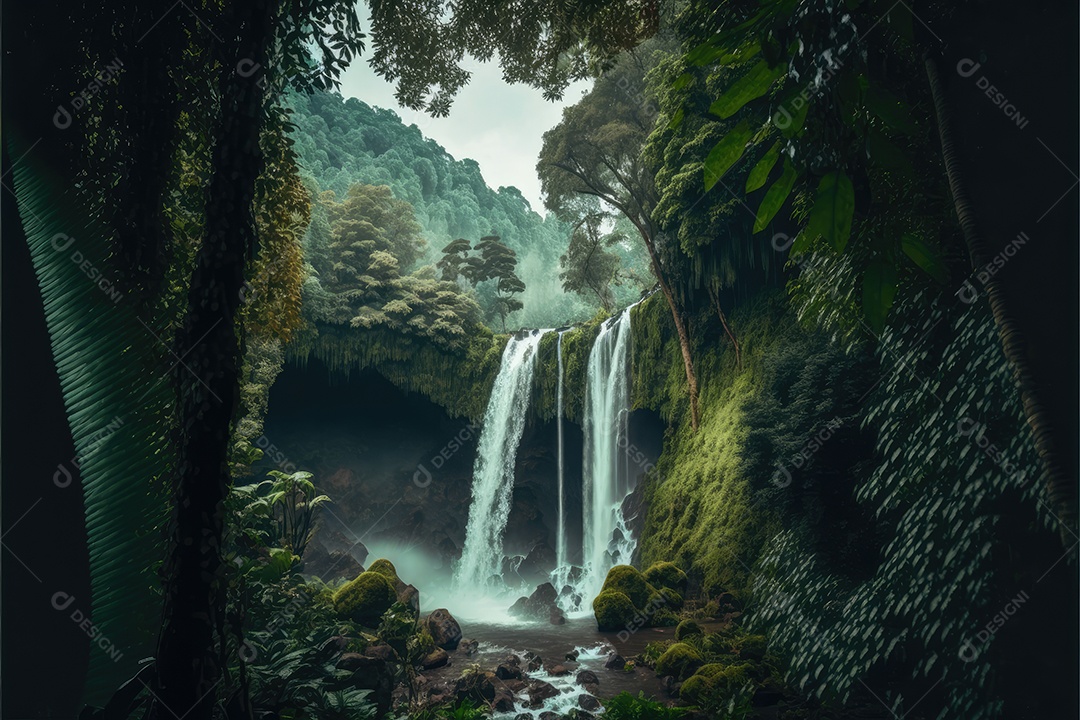 Linda floresta tropical encantada com grandes árvores, cachoeiras e muita vegetação. pintura digital de fundo