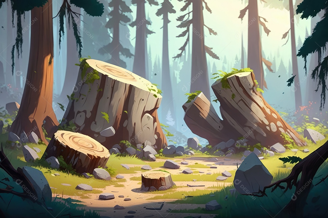 Bela floresta encantada com troncos de árvores na paisagem de conto de fadas de dia de verão. Pintura digital