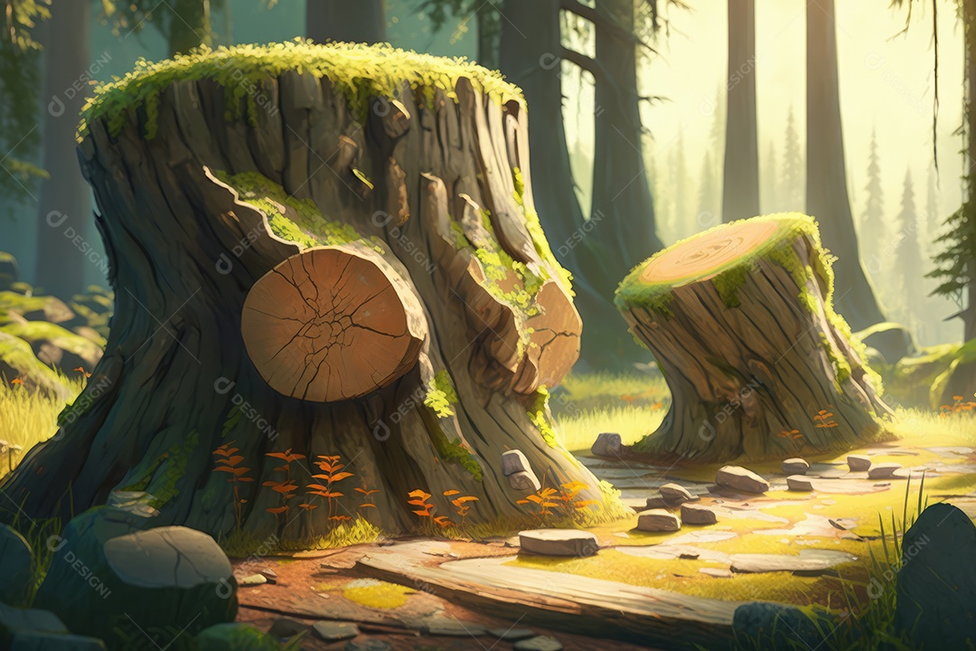 Bela floresta encantada com troncos de árvores na paisagem de conto de fadas de dia de verão. Pintura digital