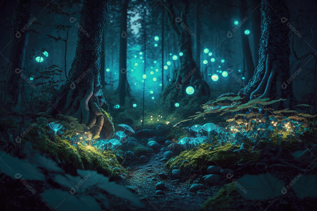 Floresta encantada de conto de fadas iluminada por grandes árvores de bioluminescência, lua e bela vegetação. Pintura digital