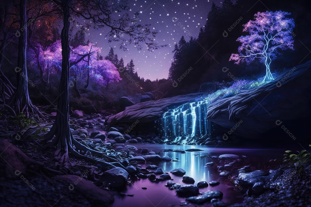 Floresta encantada de conto de fadas iluminada por grandes árvores de bioluminescência, lua e bela vegetação. Pintura digital