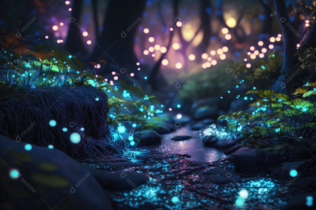 Floresta encantada de conto de fadas iluminada por grandes árvores de bioluminescência, lua e bela vegetação. Pintura digital