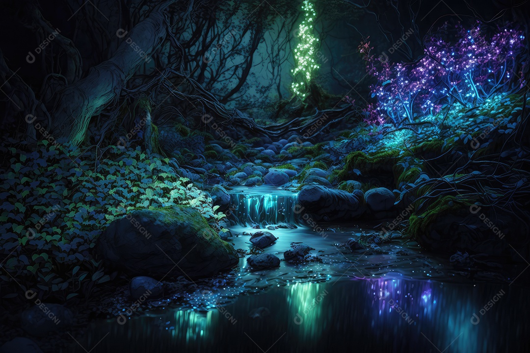 Floresta encantada de conto de fadas iluminada por grandes árvores de bioluminescência, lua e bela vegetação. Pintura digital