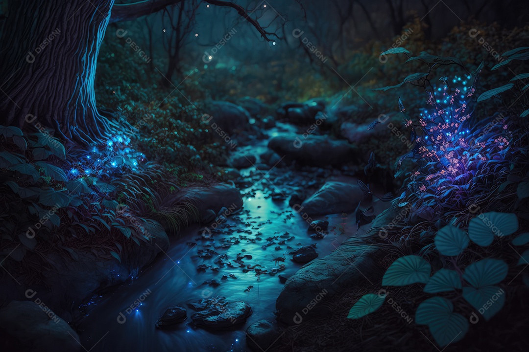 Floresta encantada de conto de fadas iluminada por grandes árvores de bioluminescência, lua e bela vegetação. Pintura digital