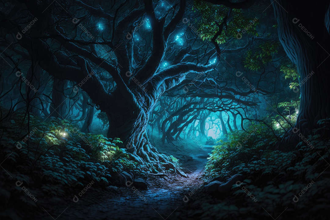 Floresta encantada de conto de fadas iluminada por grandes árvores de bioluminescência, lua e bela vegetação. Pintura digital