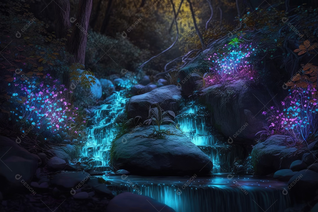 Floresta encantada de conto de fadas iluminada por grandes árvores de bioluminescência, lua e bela vegetação. Pintura digital