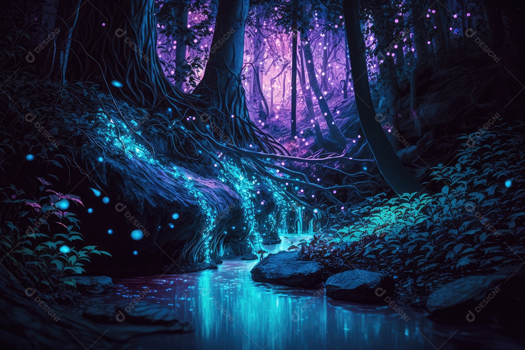 Floresta encantada de conto de fadas iluminada por grandes árvores de bioluminescência, lua e bela vegetação. Pintura digital