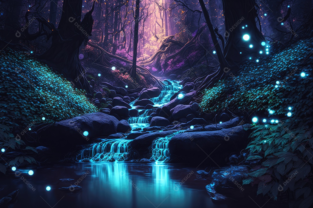 Floresta encantada de conto de fadas iluminada por grandes árvores de bioluminescência, lua e bela vegetação. Pintura digital