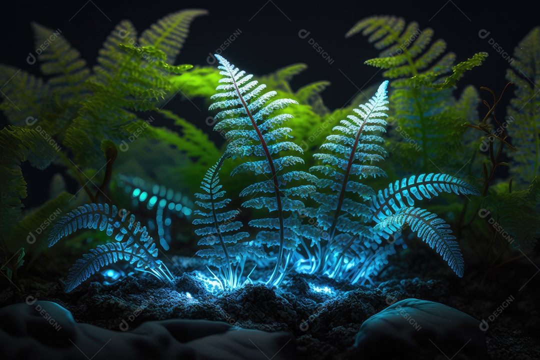 Floresta encantada de conto de fadas iluminada por grandes árvores de bioluminescência, lua e bela vegetação. Pintura digital