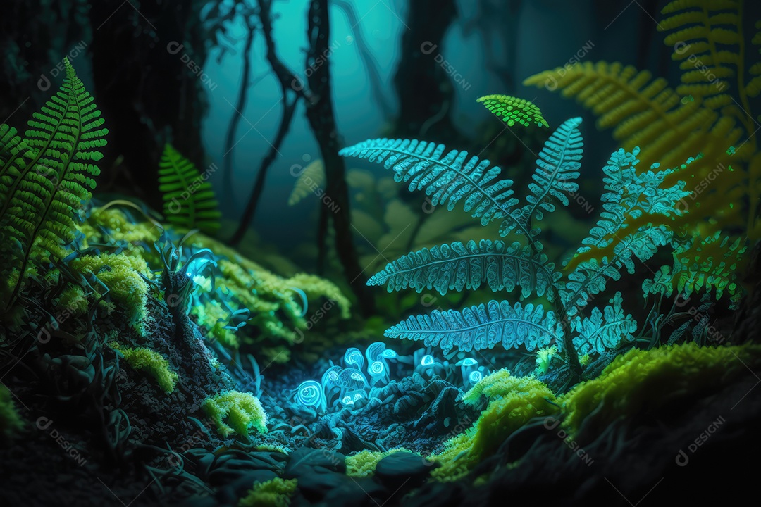 Floresta encantada de conto de fadas iluminada por grandes árvores de bioluminescência, lua e bela vegetação. Pintura digital