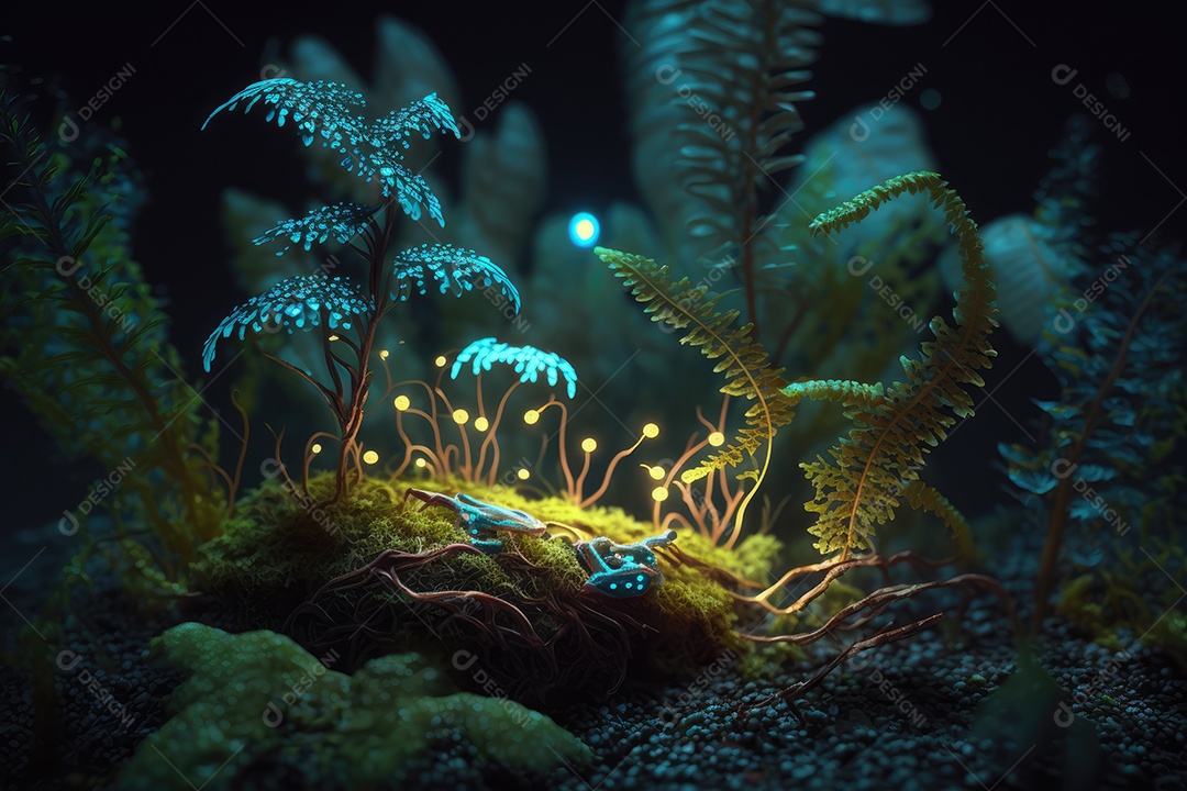 Floresta encantada de conto de fadas iluminada por grandes árvores de bioluminescência, lua e bela vegetação. Pintura digital