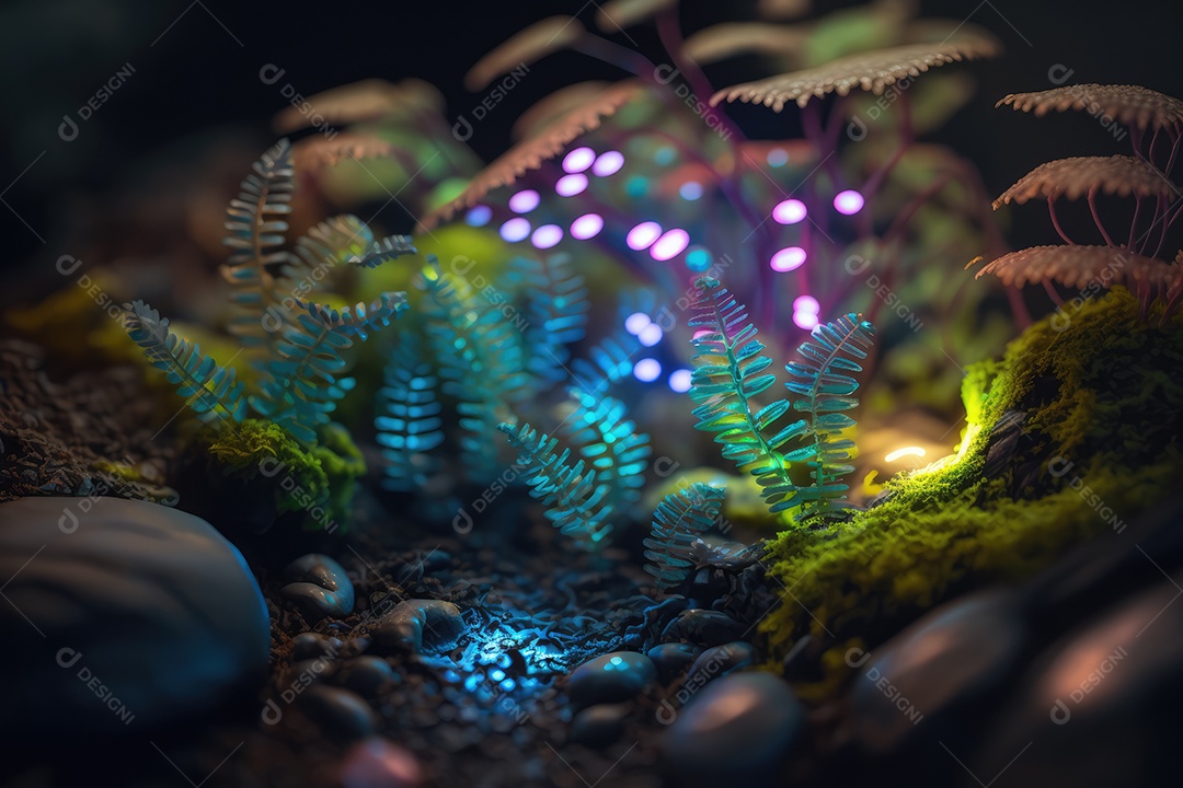 Floresta encantada de conto de fadas iluminada por grandes árvores de bioluminescência, lua e bela vegetação. Pintura digital