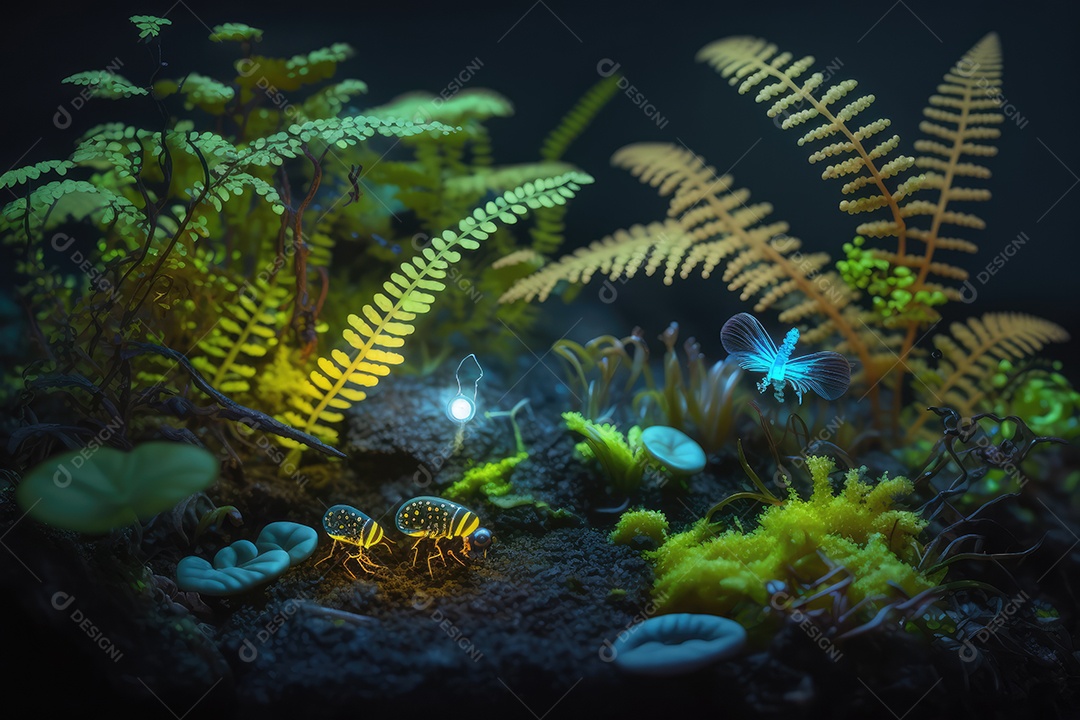Floresta encantada de conto de fadas iluminada por grandes árvores de bioluminescência, lua e bela vegetação. Pintura digital