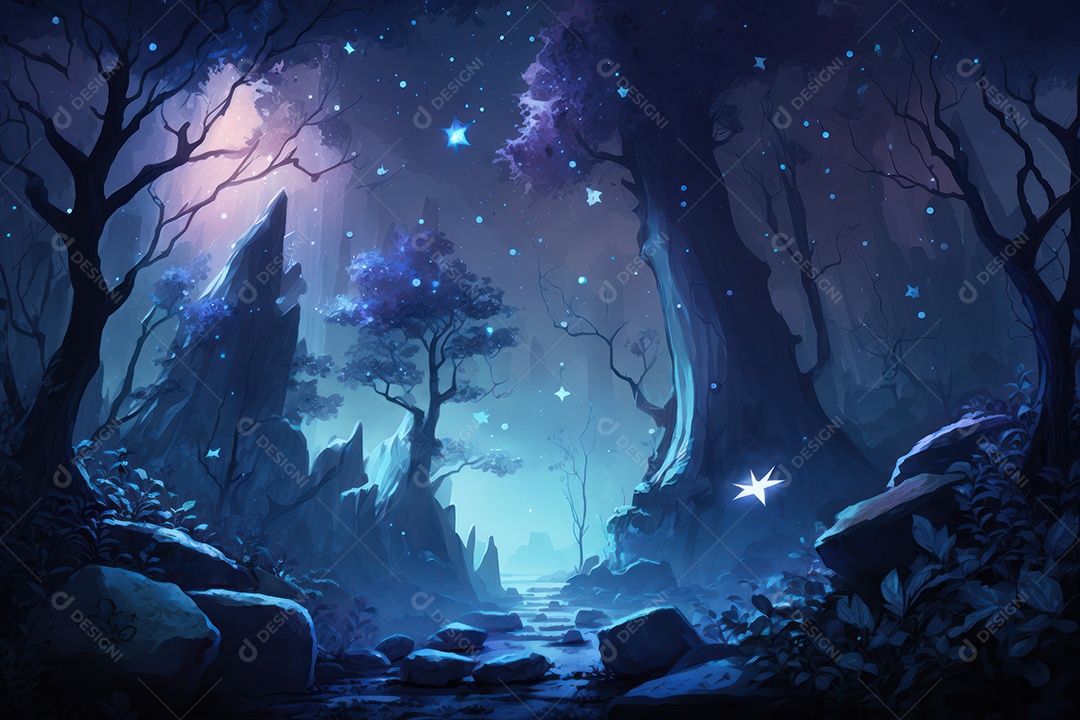 Floresta encantada de conto de fadas iluminada por bioluminescência com grandes árvores e bela vegetação. Pintura digital