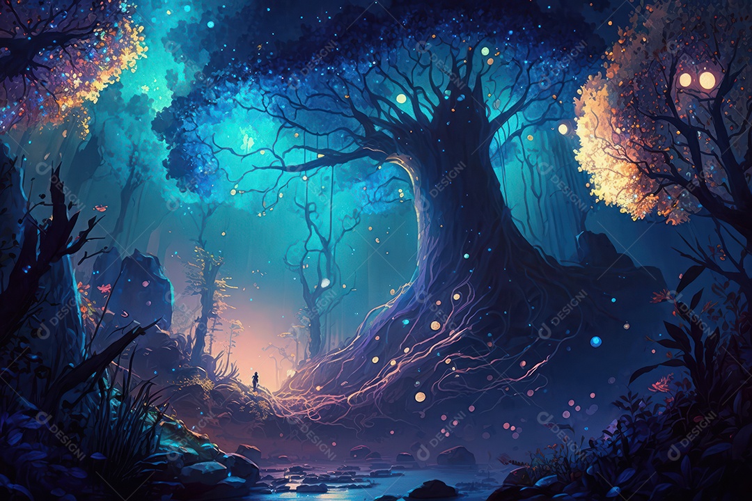 Floresta encantada de conto de fadas iluminada por grandes árvores de bioluminescência, lua e bela vegetação. Pintura digital