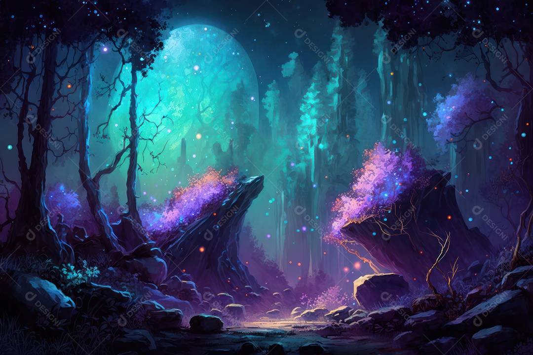 Floresta encantada de conto de fadas iluminada por grandes árvores de bioluminescência, lua e bela vegetação. Pintura digital