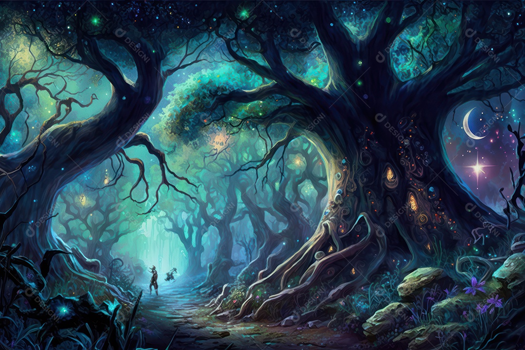 Floresta encantada de conto de fadas iluminada por grandes árvores de bioluminescência, lua e bela vegetação. Pintura digital
