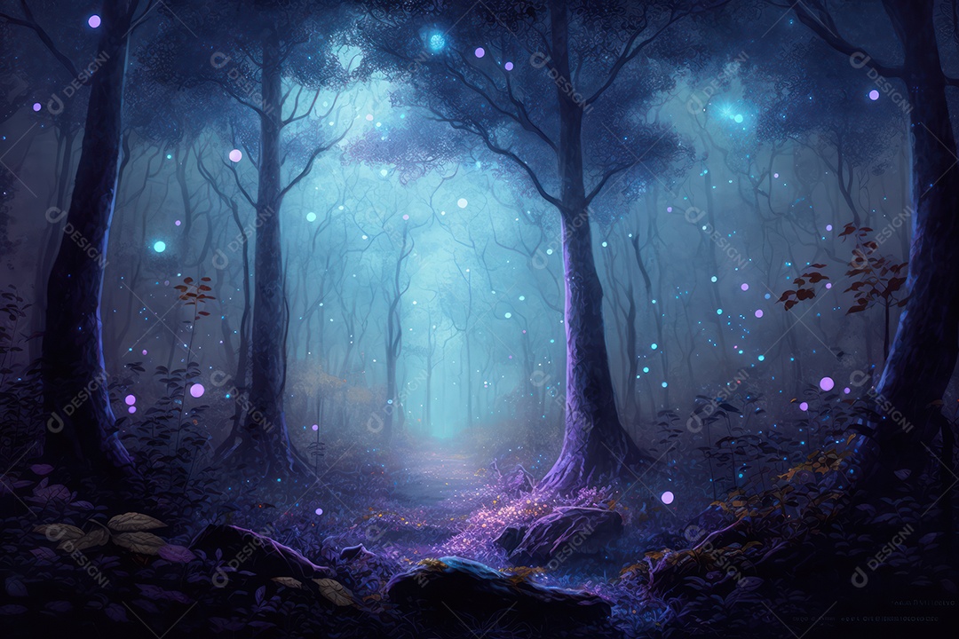 Floresta encantada de conto de fadas iluminada por grandes árvores de bioluminescência, lua e bela vegetação. Pintura digital