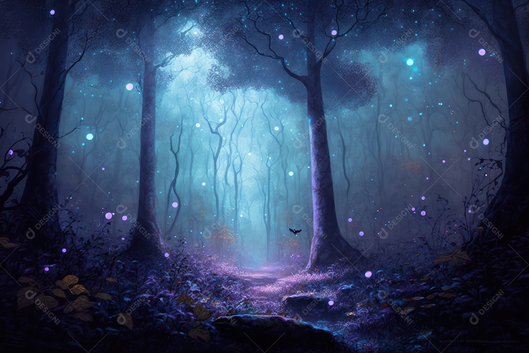 Floresta encantada de conto de fadas iluminada por grandes árvores de bioluminescência, lua e bela vegetação. Pintura digital
