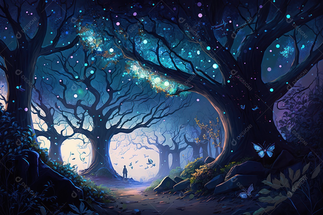 Floresta encantada de conto de fadas iluminada por grandes árvores de bioluminescência, lua e bela vegetação. Pintura digital