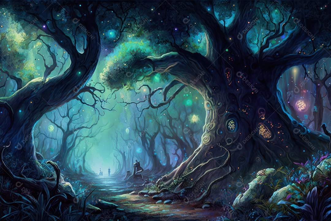 Floresta encantada de conto de fadas iluminada por grandes árvores de bioluminescência, lua e bela vegetação. Pintura digital