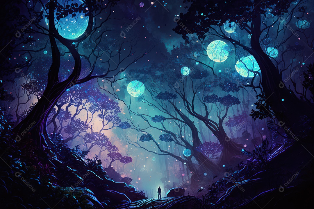 Floresta encantada de conto de fadas iluminada por grandes árvores de bioluminescência, lua e bela vegetação. Pintura digital