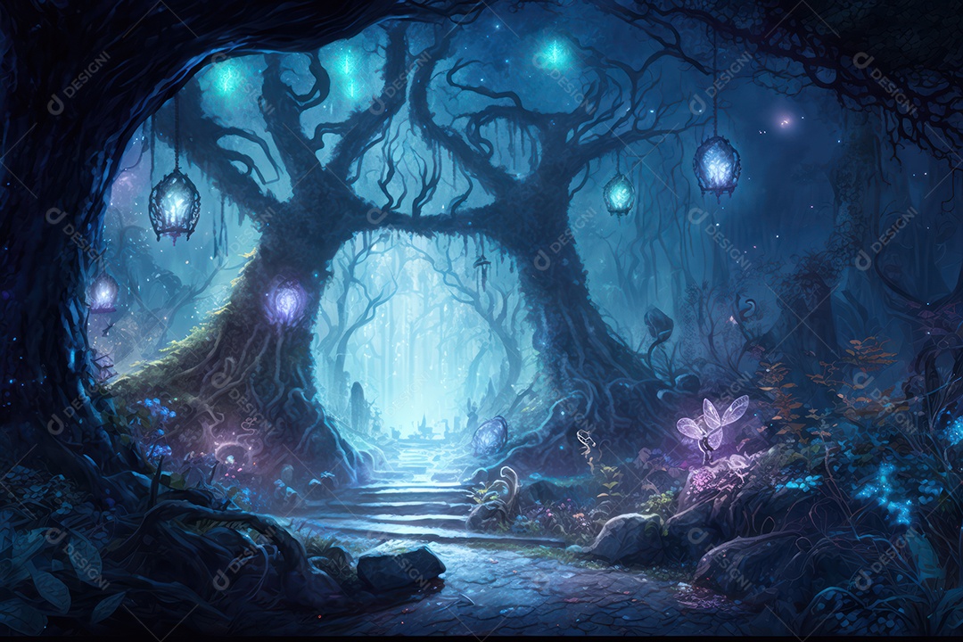 Floresta encantada de conto de fadas iluminada por grandes árvores de bioluminescência, lua e bela vegetação. Pintura digital