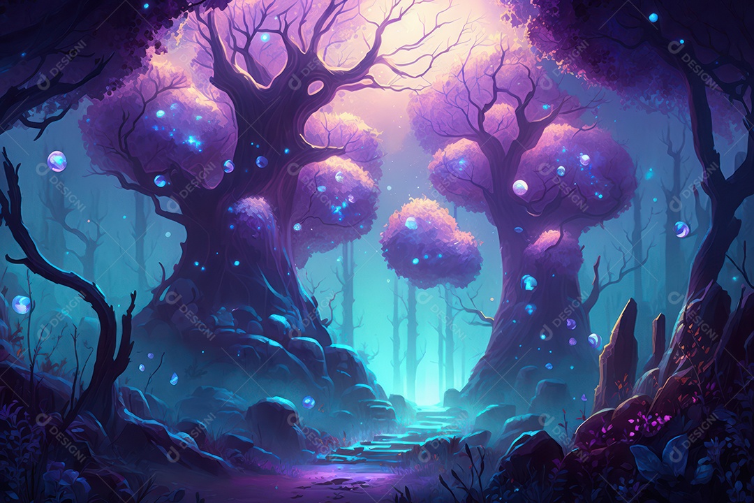 Floresta encantada de conto de fadas iluminada por grandes árvores de bioluminescência, lua e bela vegetação. Pintura digital