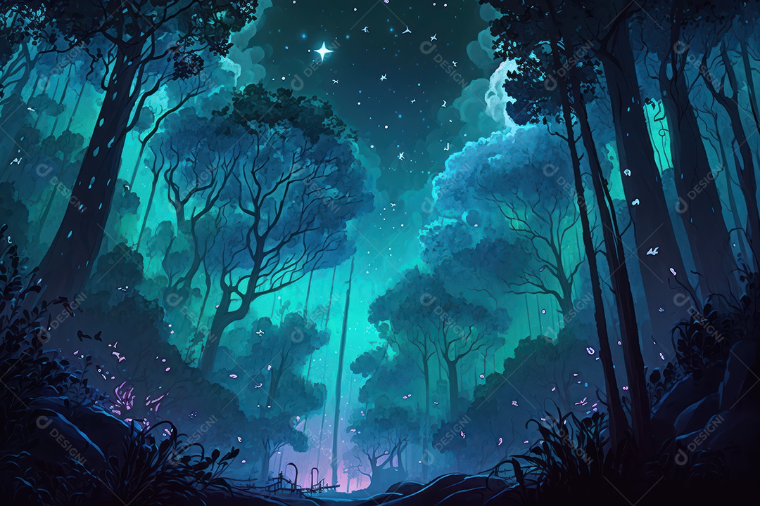 Floresta encantada de conto de fadas iluminada por grandes árvores de bioluminescência, lua e bela vegetação. Pintura digital