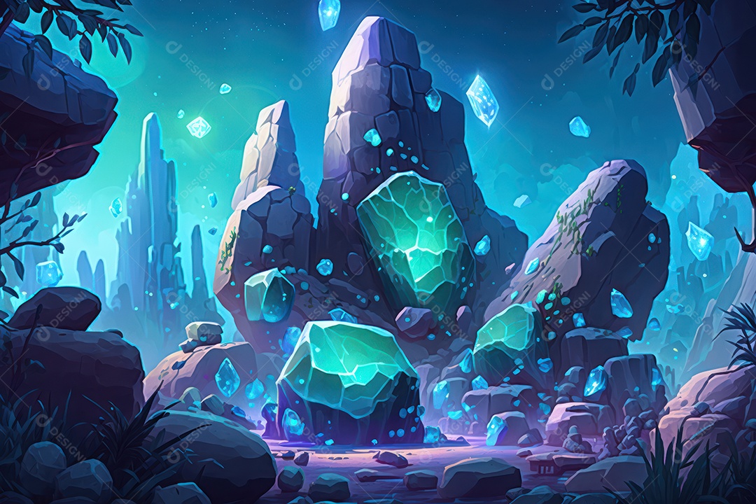 Floresta encantada de conto de fadas iluminada por grandes árvores de bioluminescência, lua e bela vegetação. Pintura digital