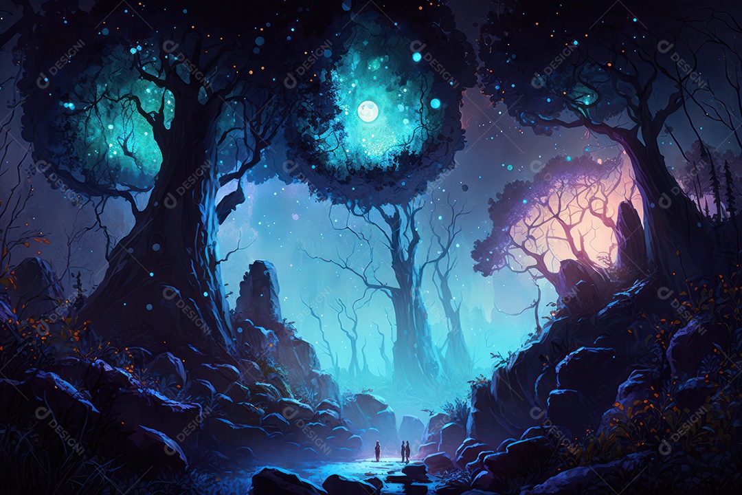 Floresta encantada de conto de fadas iluminada por bioluminescência com grandes árvores e bela vegetação. Pintura digital