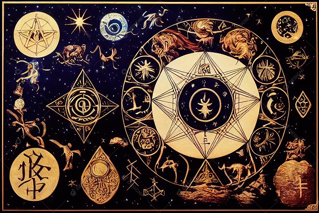 Símbolos do zodíaco e pano de fundo do templo sagrado, astrologia, alquimia, magia, feitiçaria e estrutura enigmática de cristais