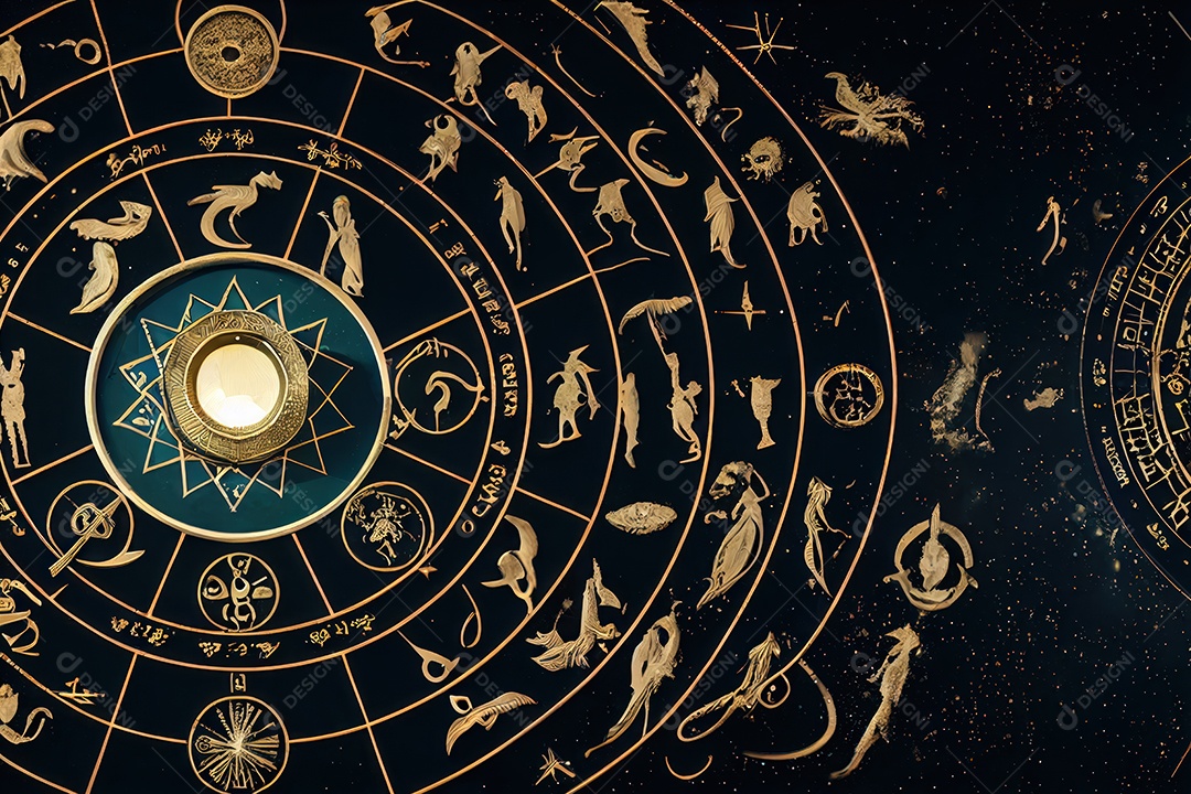 Símbolos do zodíaco e pano de fundo do templo sagrado, astrologia, alquimia, magia, feitiçaria e estrutura enigmática de cristais