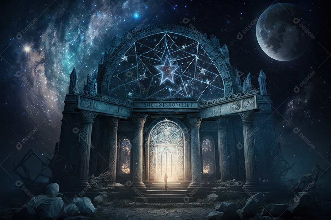 Símbolos do zodíaco e pano de fundo do templo sagrado, astrologia, alquimia, magia, feitiçaria e estrutura enigmática de cristais