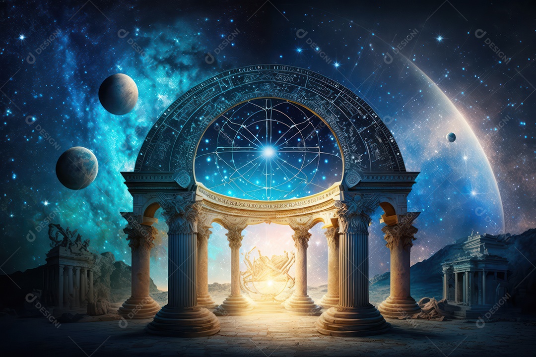 Símbolos do zodíaco e pano de fundo do templo sagrado, astrologia, alquimia, magia, feitiçaria e estrutura enigmática de cristais