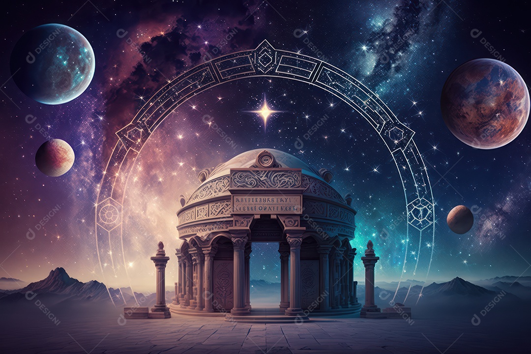 Símbolos do zodíaco e pano de fundo do templo sagrado, astrologia, alquimia, magia, feitiçaria e estrutura enigmática de cristais