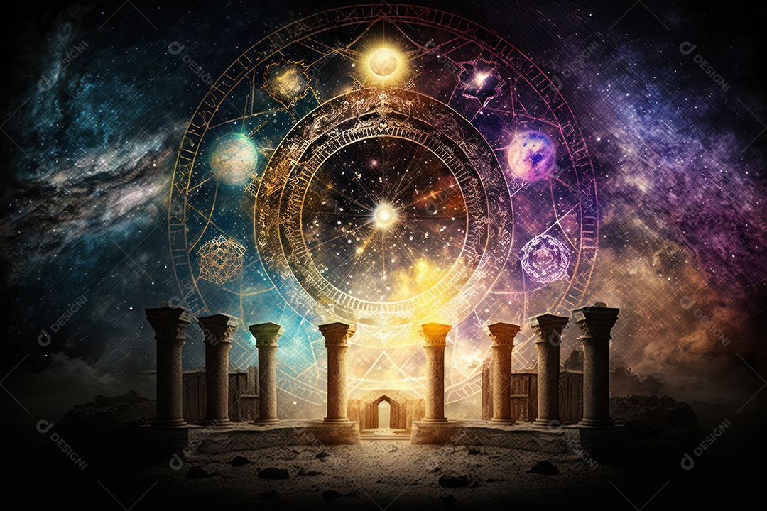 Símbolos do zodíaco e pano de fundo do templo sagrado, astrologia, alquimia, magia, feitiçaria e estrutura enigmática de cristais