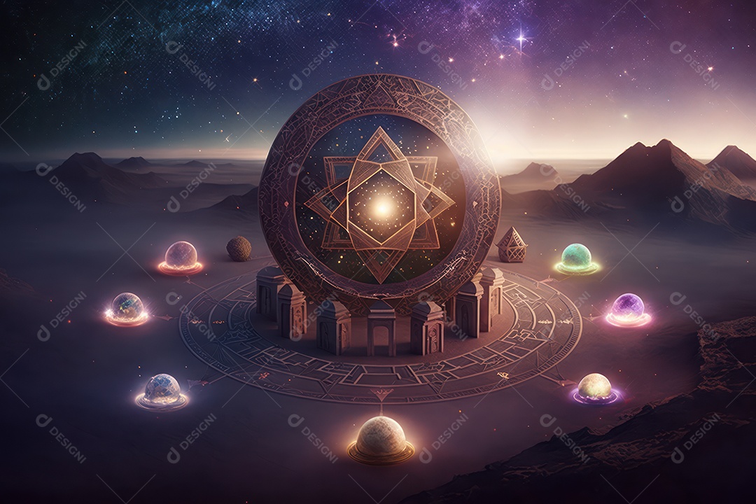 Símbolos do zodíaco e pano de fundo do templo sagrado, astrologia, alquimia, magia, feitiçaria e estrutura enigmática de cristais