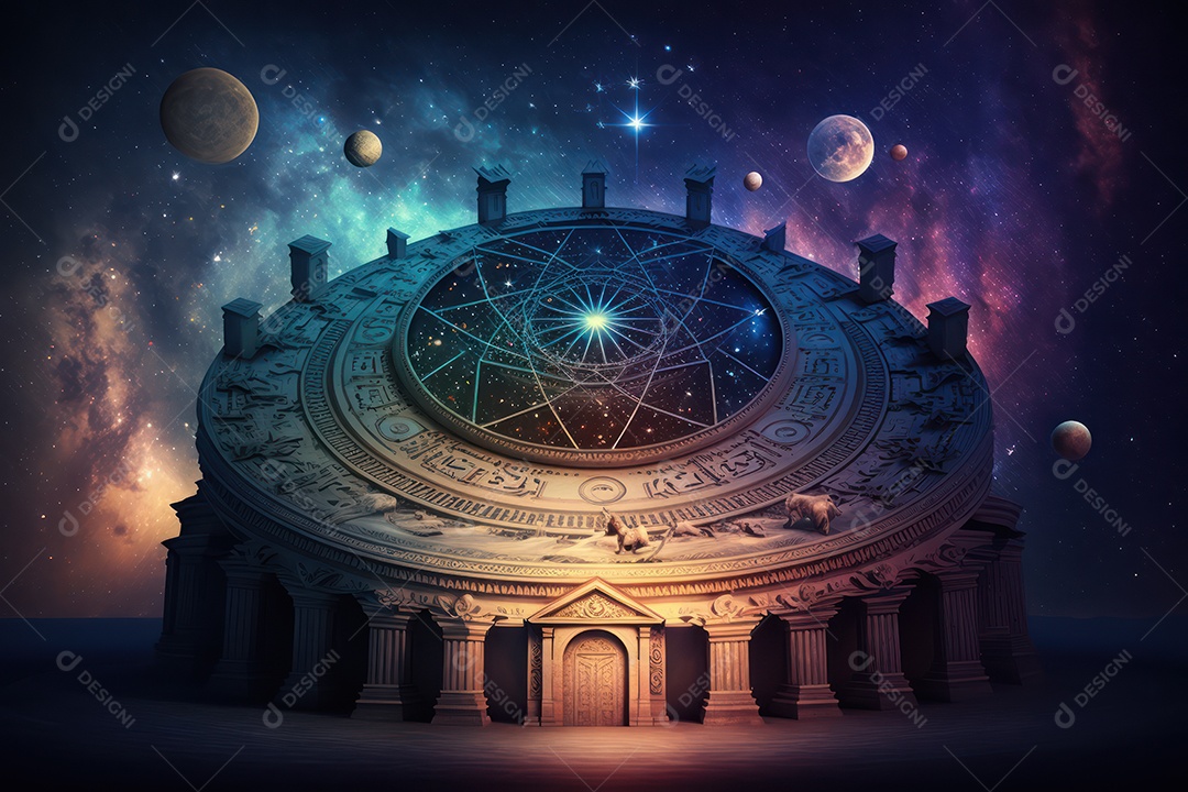 Símbolos do zodíaco e pano de fundo do templo sagrado, astrologia, alquimia, magia, feitiçaria e estrutura enigmática de cristais