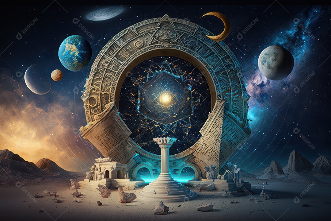 Símbolos do zodíaco e pano de fundo do templo sagrado, astrologia, alquimia, magia, feitiçaria e estrutura enigmática de cristais