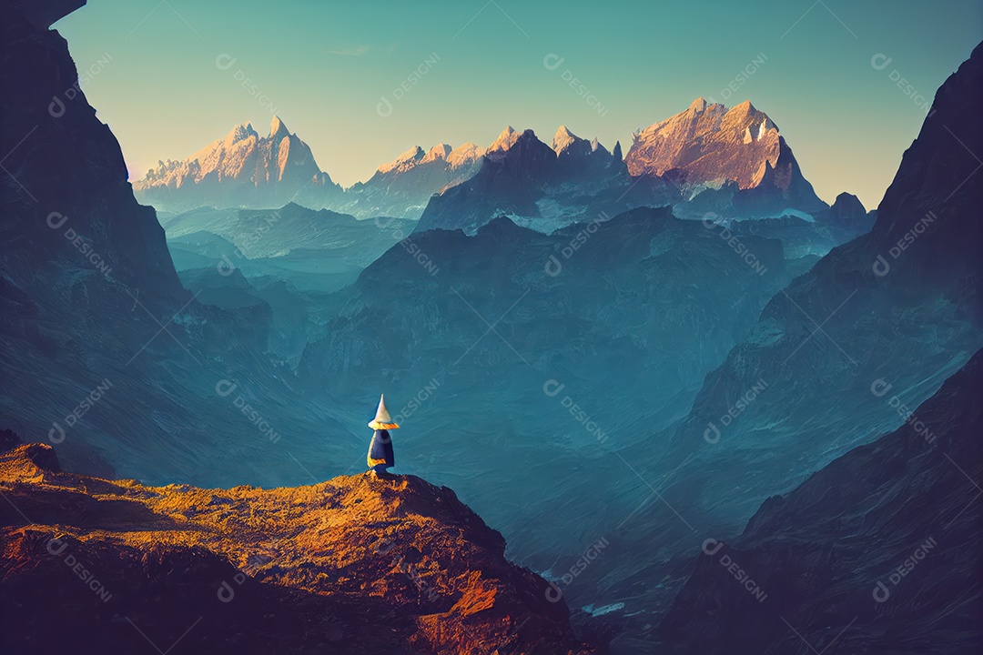 Cenário do lugar sagrado do zodíaco com casa dos elfos e montanhas ao fundo, astrologia, alquimia, magia e feitiçaria