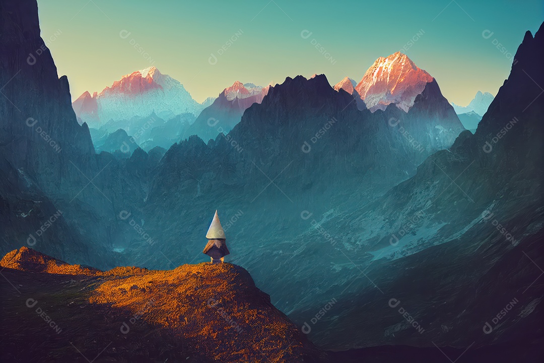 Cenário do lugar sagrado do zodíaco com casa dos elfos e montanhas ao fundo, astrologia, alquimia, magia e feitiçaria